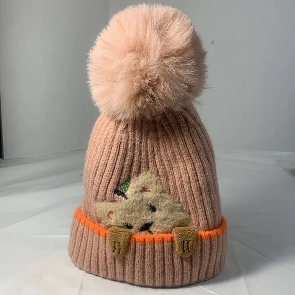 Kids Cute Kitten Blush Pink 3 D Knit Pom Pom Winter Beanie
